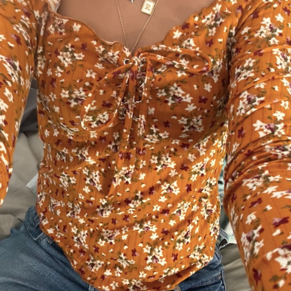 Yellow/orange off the shoulder floral blouse